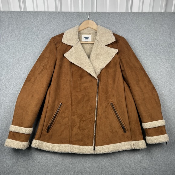 Old Navy Jackets & Blazers - Old Navy Jacket Womens M Brown Sherpa Lined Faux Suede Shearling Coat Zip Moto
